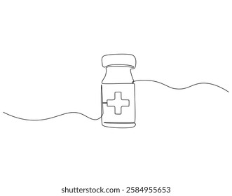 Continuous line drawing of vaccine bottle. Single line illustration of vial bottle. Virus protection concept. Editable outline

