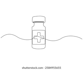 Continuous line drawing of vaccine bottle. Single line illustration of vial bottle. Virus protection concept. Editable outline
