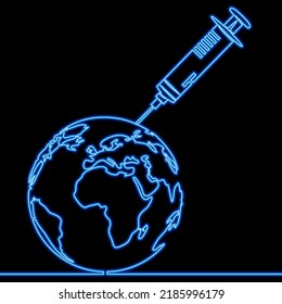 Continuous line drawing Vaccine and planet Earth icon neon concept
