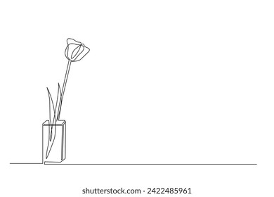 continuous line drawing of a vase of tulips .vector single line of tulips in a vase isolated white background