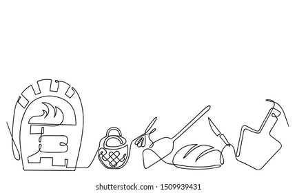 continuous line drawing vector baker set, black and white sketch of bread maker accessories isolated on a white background. Oven, bread, spade, basket and tools, one line hand drawn illustration