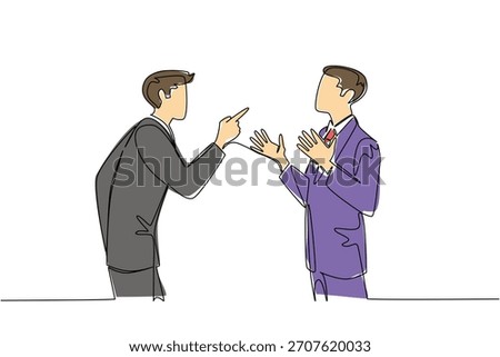 Continuous line drawing vector of a business men and blaming each other for a relationship conflict, social concept. This domestic quarrel theme is related to National Blame Someone Else Day event