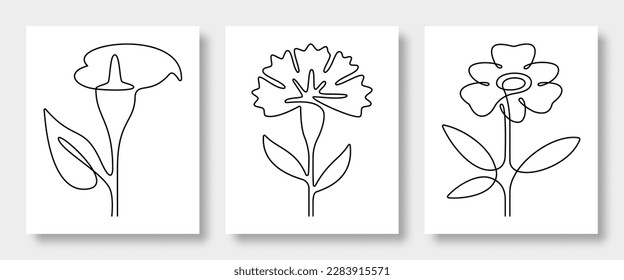 Dibujo continuo de flores vectoriales calla lily, carnación, alstroemeria . Perfecto para la decoración como carteles, arte mural, camiseta, pegatina, papel pintado, tarjetas y más. Ilustración vectorial.