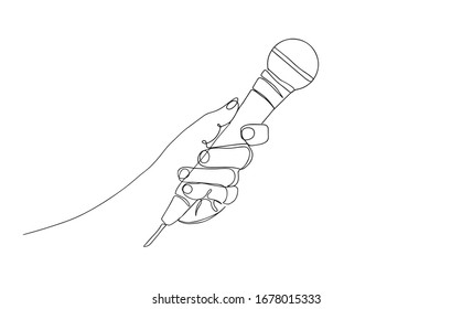 Continuous Line Drawing Vector Hand holding wired microphone one line vector drawing. someone holding a microphone single continuous line illustration