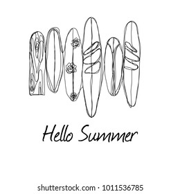 Continuous line drawing. Vector Hello Summer poster background. Wind surfing boards. Vector illustration