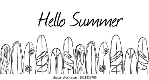 Continuous line drawing. Vector Hello Summer poster background. Wind surfing boards. Vector illustration