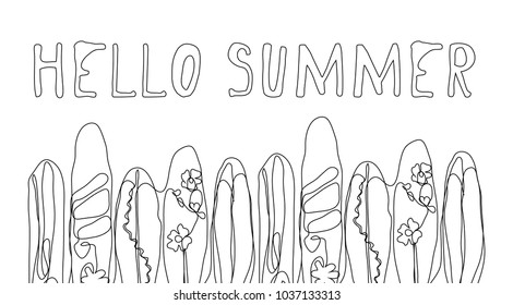 Continuous line drawing. Vector Hello Summer poster background. Wind surfing boards. Vector illustration