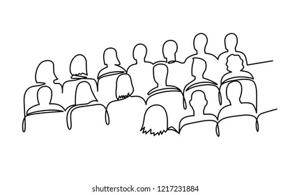 Continuous Line Drawing of Vector illustration character of audience in the conference hall background with blank space for your text and design. Outline, thin line art, hand drawn sketch.