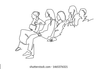 Continuous Line Drawing of Vector illustration character of audience in the conference hall background with blank space for your text and design. Outline, thin line art, hand drawn sketch.