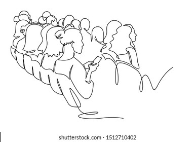 Continuous Line Drawing of Vector illustration character of audience in the conference hall background with blank space for your text and design. Outline, thin line art, hand drawn sketch.