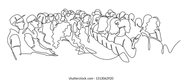 Continuous Line Drawing of Vector illustration character of audience in the conference hall background with blank space for your text and design. Outline, thin line art, hand drawn sketch.