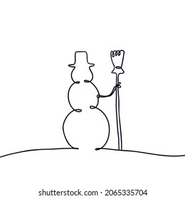 Continuous line drawing vector illustration of a snowman. Christmas concept. New Year holiday. postcard design.