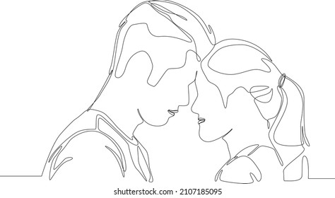 Continuous line drawing vector illustration of a two people who give each other a very deep love. Vector illustration. Wallpaper, flyers, invitation, posters, brochure, banners. Valentine.