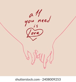 Continuous line drawing vector illustration of a two hands in one heart. Vector illustration. Wallpaper, flyers, invitation, posters, brochure, banners. Valentine.
