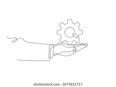 Línea continua que dibuja la Ilustración vectorial de la mano del hombre de negocios que sostiene los engranajes. Símbolo de trabajo, gestión y estrategia para impulsar el éxito empresarial sistemáticamente. Vector aislado sobre fondo blanco.