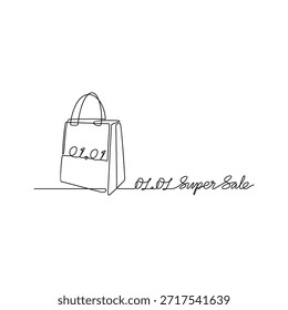 Continuous line drawing vector illustration of a Day Sale 01.01. A super sale design presented in a simple, linear, continuous-line style. An online shopping–themed concept for your design assets.