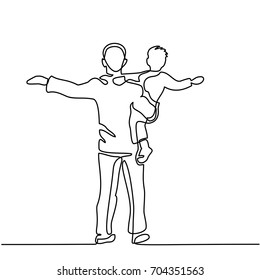 Continuous line drawing vector illustration. Father with son in his arms silhouette. Vector illustration