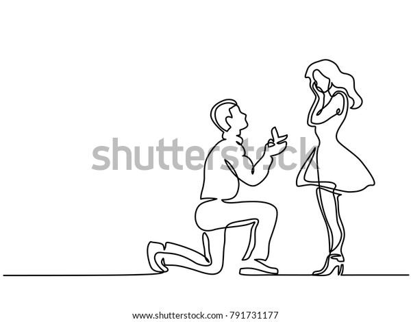 実線図面 ベクターイラスト 白い背景にひざまずき 婚約指輪と女性のシルエットを提供する男性 のベクター画像素材 ロイヤリティフリー