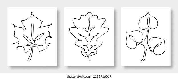 Continuous line drawing of vector leaves maple, oak, linden. Perfect for home decor such as posters, wall art, t-shirt, sticker, mobile phone case, cards and more. Vector illustration.