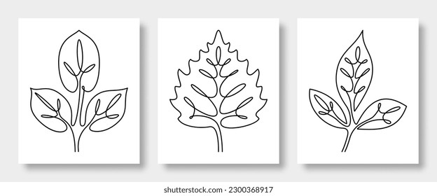 Continuous line drawing of vector leaves walnut, birch, ash. Perfect for home decor such as posters, wall art, t-shirt, sticker, mobile phone case, cards and more. Vector illustration.