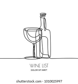 Continuous line drawing. Vector linear black illustration of wine bottle and glass isolated on white background. Concept and design elements for wine list, menu, label.