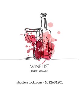 Continuous line drawing. Vector linear illustration of red or rose wine bottle and glass on watercolor splashes background. Concept and design elements for wine list, menu, label.