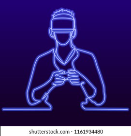 Continuous Line Drawing of Vector Man wearing virtual reality headset. Abstract vr world with neon lines. Vector illustration One line style fluorescent