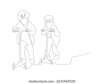Continuous line drawing. Vector monochrome, drawing by lines. People in the Park. Vector illustration of boy playing a scooter. Isolated on white background.  Hand made vector not Al. 