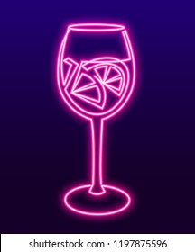 Continuous line drawing. Vector neon sign Wineglass with wine or coctail. One Line art of wine glass with citrus Fun concept celebrates. Vector illustration.