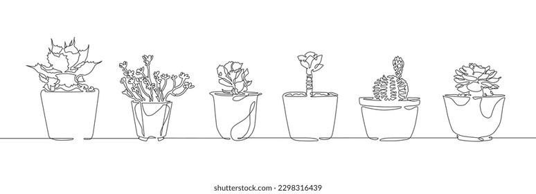 Continuous line drawing of vector set of cactus. Black and white sketch house plants isolated on white background. Potted cactus one line hand drawn illustration.