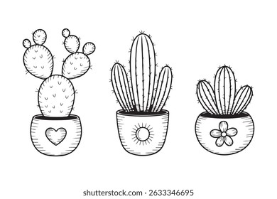 Continuous Line Drawing of Vector Set of Cute Cactus Black and White Sketch House Plants Isolated on White Background. Potted Cactus Family Line Hand Drawn Illustration	