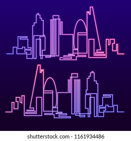 Continuous Line Drawing Of Vector Skyline The Night City Of Neon Glow Is Burning. One Line Style Fluorescent London Cityscape. Simple Modern Minimalistic Style Metropolis.