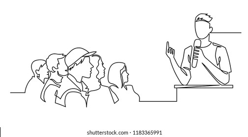 Continuous Line Drawing of Vector A speaker in front of an audience. hand drawn style vector doodle design illustrations.