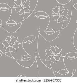 Vector continuo de dibujo de línea. Las mujeres se enfrentan a un patrón impecable. Resumen de ilustración floral. Retrato femenino con flores. Papel de escritorio, fondo, tela, impresión, papel envolvente, tarjeta, pancarta, afiche.
