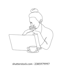 kontinuierliche Zeichenvektorgrafik einer Frau in einem Unternehmen mit einem Laptop, der sich auf die Arbeit konzentriert, gut für die Gestaltung von Vermögenswerten für das Unternehmen