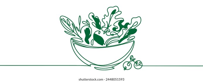 Continuous Line Drawing of Vegetables Salad on White Background. Continuous Food. Healthy Food Simple Drawing. Minimal One Line Draw Illustration for Cafe, Shop, Delivery. Vector EPS 10
