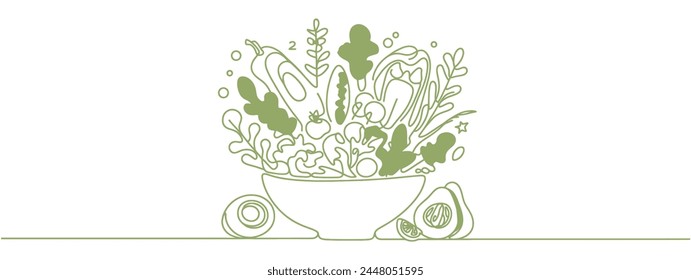 Continuous Line Drawing of Vegetables Salad on White Background. Continuous Food. Healthy Food Simple Drawing. Minimal One Line Draw Illustration for Cafe, Shop, Delivery. Vector EPS 10