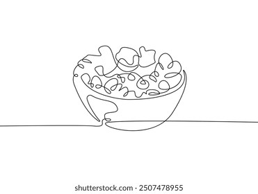 Continuous Line Drawing of Vegetables Salad on White Background. Continuous Food. Healthy Food Simple Drawing. Minimal One Line Draw Illustration for Cafe, Shop, Delivery. Vector EPS 10