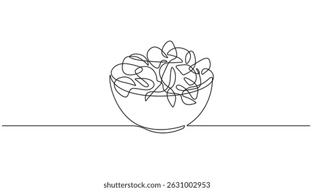 Continuous Line Drawing of Vegetables Salad on White Background. Continuous Food. Healthy Food Simple Drawing. Vector Minimal One Line Draw Illustration for Cafe, Shop, Delivery. Not AI