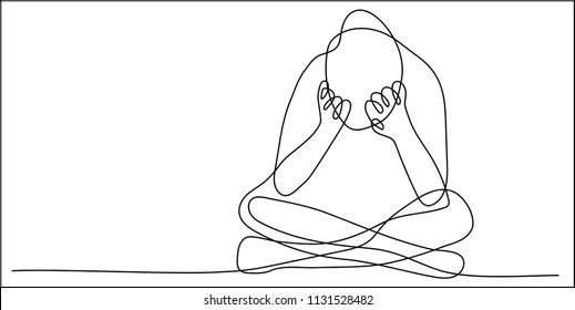 Continuous line drawing of very sad man sitting alone with headache touching forehead on white background.