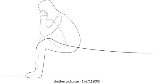 Continuous line drawing of very sad woman sitting alone with headache touching forehead on white background.