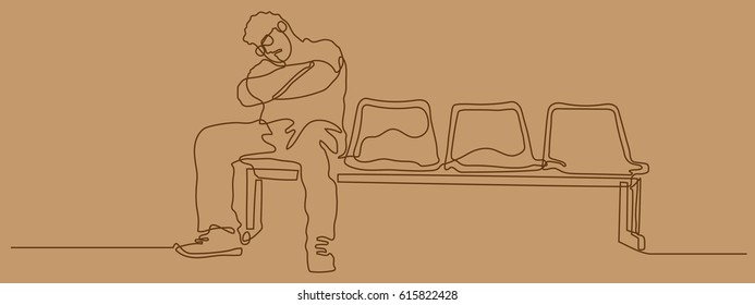 continuous line drawing of Very sad old man sitting alone on brown tone