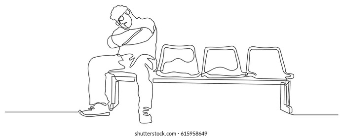 continuous line drawing of Very sad old man sitting alone with folded arms on white background