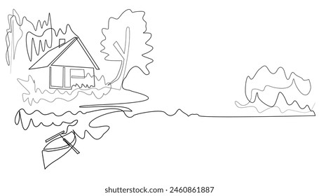 continuous line drawing of a village view. one line drawing of a house in the countryside. unique work of art, suitable for book covers, wallpaper, decoration, etc.