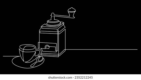 continuous line drawing of vintage coffee manual grinder with cup of coffee on table