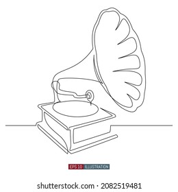 Continuous line drawing of Vintage Gramophone. Retro device for playing records. Template for your design works. Vector illustration.