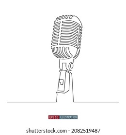 Continuous line drawing of Vintage microphone. Symbol of radio, singing, sound recording, karaoke. Template for your design works. Vector illustration.