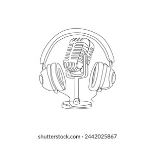Continuous line drawing of vintage microphone and headphone. microphone simple line art with active stroke. Vocalist, podcast, broadcast and music concept.