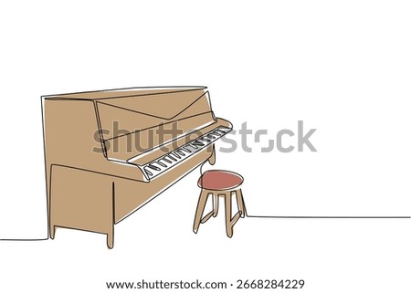 A continuous line drawing of a vintage upright piano with stool, featuring classic wood design and ornate detail, symbolizing Old Time Player Piano Day in a culture concept celebration.