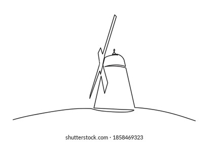 Continuous line drawing of vintage windmill. Template for your design works. Vector illustration. Windmill continuous one line drawing. Vector illustration. 